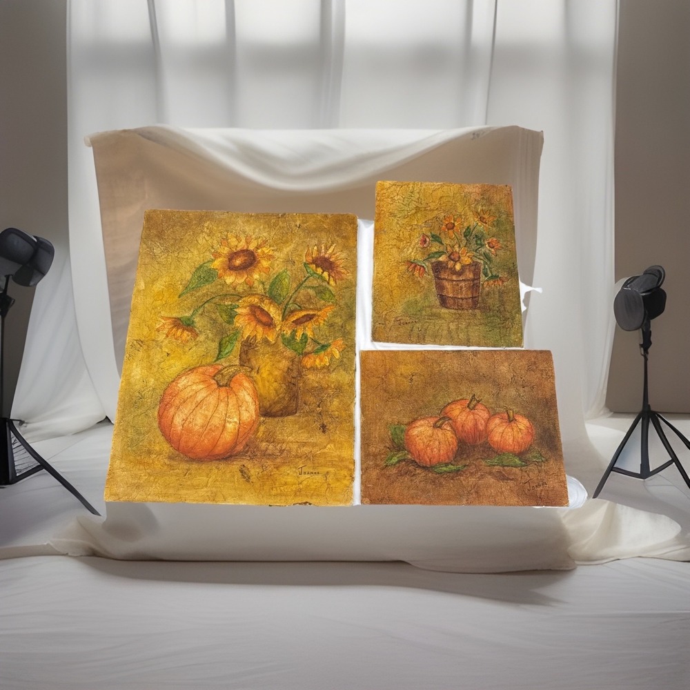 Lot Of 3 Fall Hand Painted Unframed Orange, Yellow‎ And Green Pictures Signed.